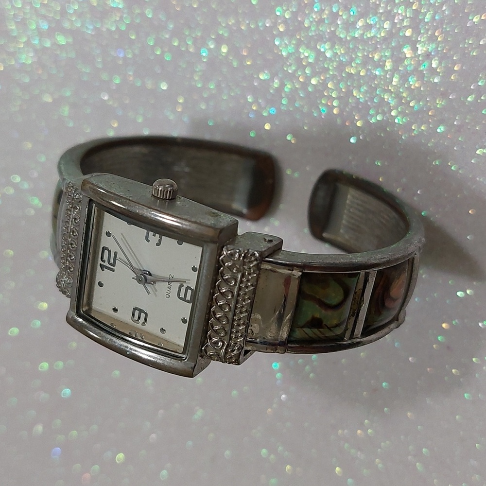 Silvertone and Iridescent Ladies Cuff Band Watch. Estate Jewelry.